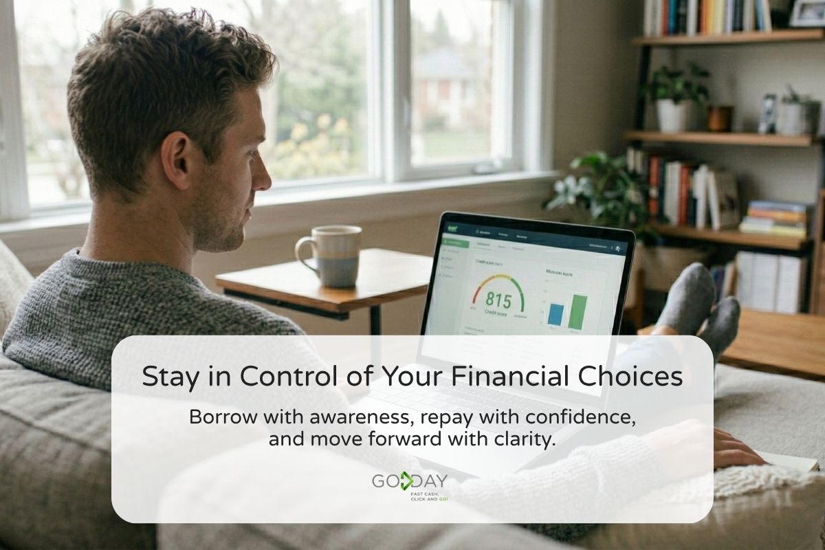 Person sitting on a couch comparing loan options on a laptop with notes beside them, making a thoughtful financial decision at home
