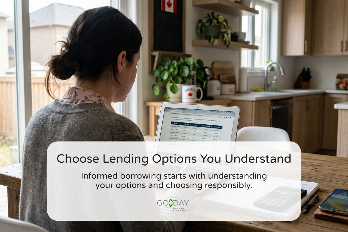 Person comparing loan options on a laptop while writing notes and calculating costs to make a responsible borrowing decision