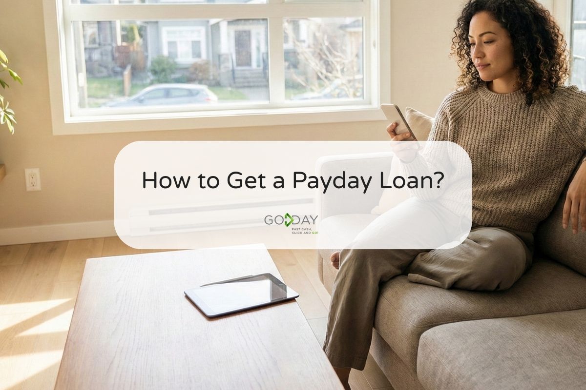 Woman sitting on couch using phone to apply for an online payday loan from home with GoDay.