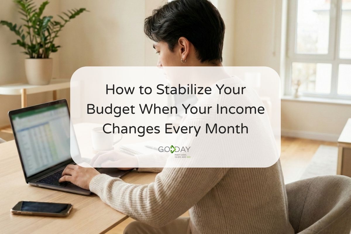 Person working on a laptop at home with budgeting tools, representing strategies to stabilize finances when income changes every month.