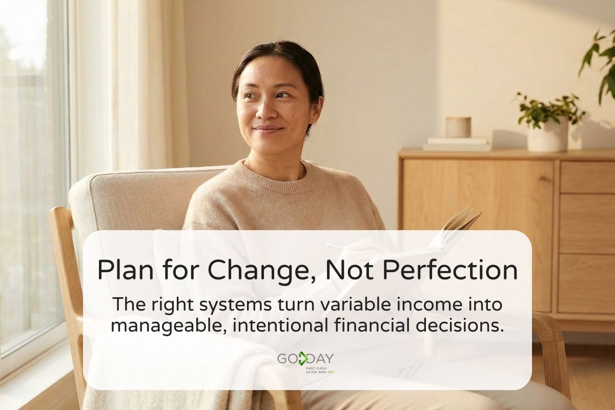 Person sitting comfortably at home holding a notebook, reflecting a calm and flexible approach to managing variable income and long-term financial stability.