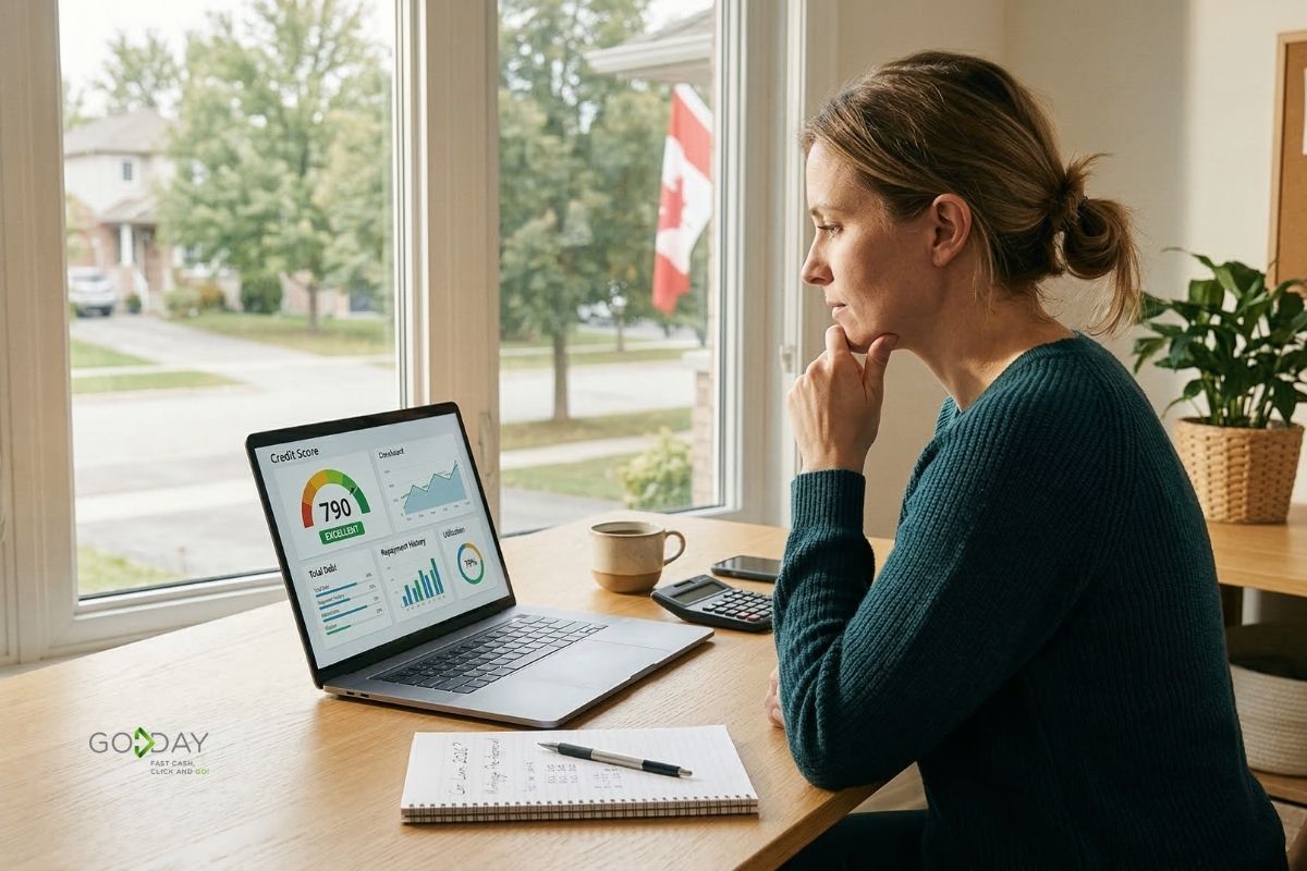 Canadian borrower reviewing credit score and financial data on a laptop at home while evaluating borrowing options.