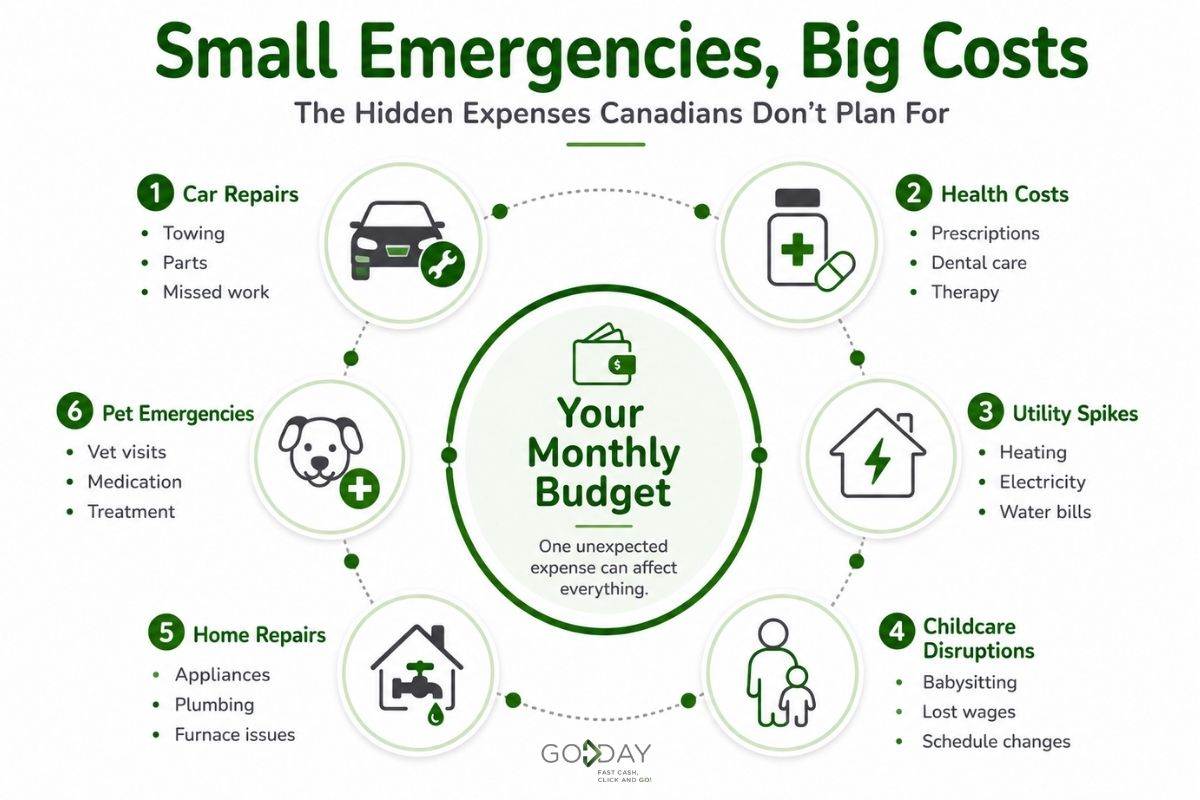 Infographic showing common unexpected expenses in Canada, including car repairs, health costs, utility spikes, childcare disruptions, home repairs, and pet emergencies that can impact a monthly budget.
